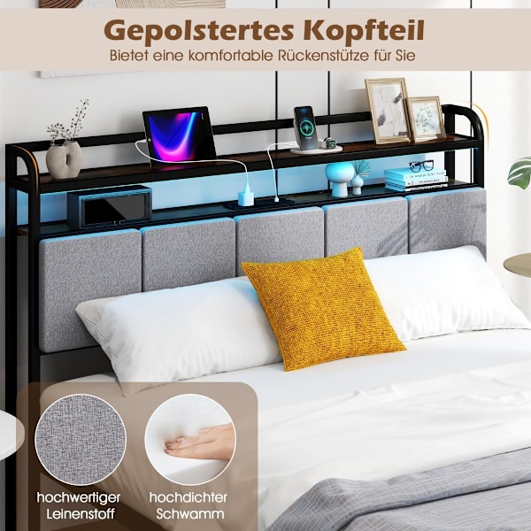 King Size sängram med LED-ljus & laddstation & vadderad sänggavel metallram sängram