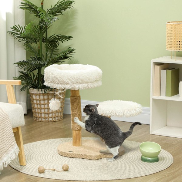 Klapstolpe 61,5 cm hög kattskrapstolpe med lekboll, sängar, katttorn med kattskrapbräda, för katter under 5 kg, päronträ, vit