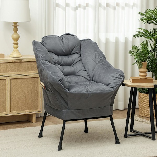 Fåtölj Vardagsrum Loungestol Klädd avkopplingsstol med sidoficka Stålben Klädd stol med sammetslook Enkelstol för sovrum Grå Aosom