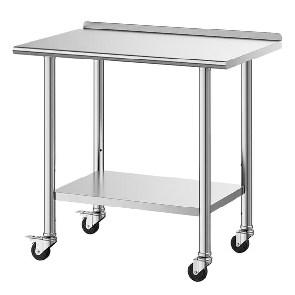 Arbejdsbord i rustfrit stål 91x61 cm, hjul, bagplade