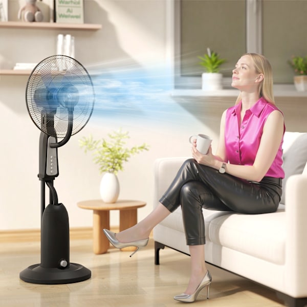 Vesijäähdytyspuhallin, jalustapuhallin säädettävällä suihkusumulla, 3 nopeutta, 3 L vesisäiliö, 75° värähtelevä, 90 W vesituuletin pyörillä, 125 cm |