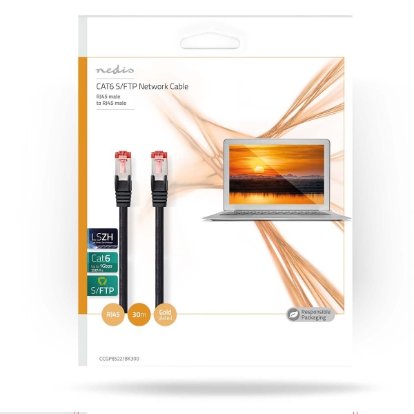 CAT6 Nätverkskabel | RJ45 hane | RJ45 hane | S/FTP | 30.0 m | Rund | LSZH | Svart | Plastpåse
