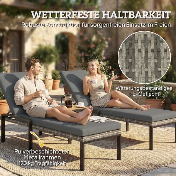 Justerbart rattan liggestolsæt med hynder, grå