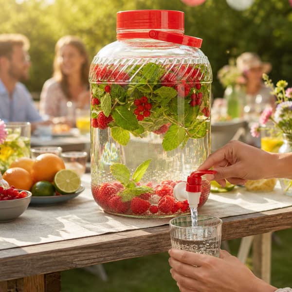 Glas drikkevaredispenser med hane, 10L – Rød