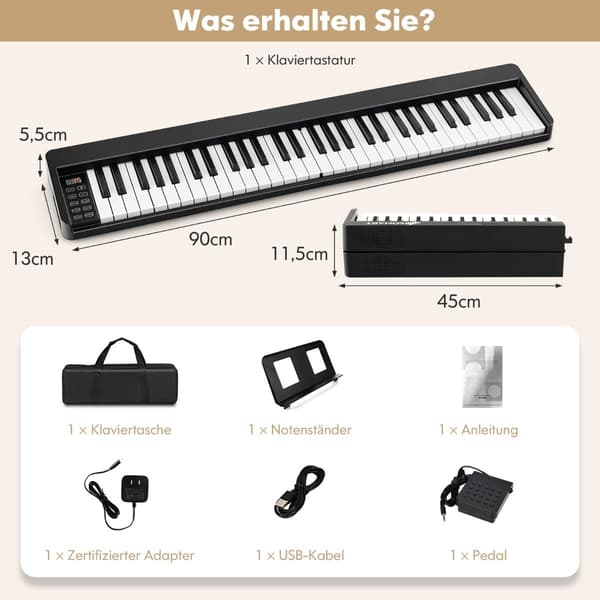 Hopfällbart digitalpiano med 61 tangenter, Bluetooth och tillbehör