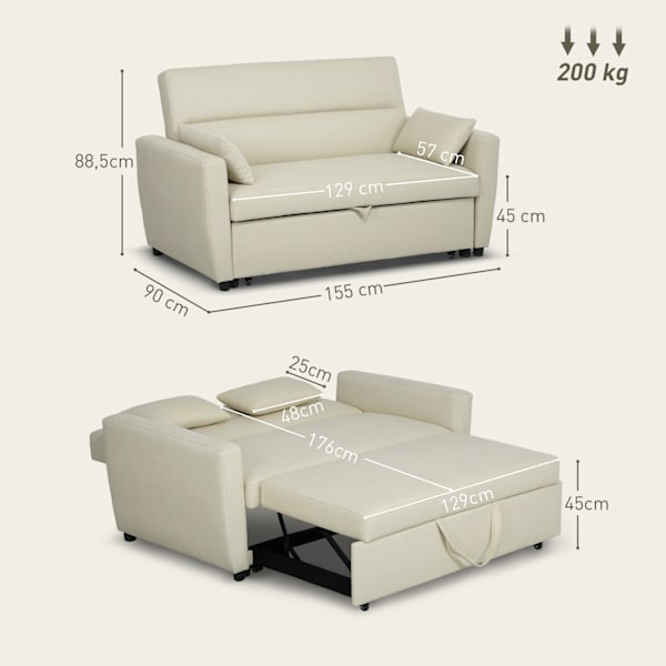 Bäddsoffa, 2-sits soffa med sovfunktion, justerbart ryggstöd, soffa med kuddar, sammetslook, bäddsoffa med bäddbox för vardagsrum, gästrum, beige