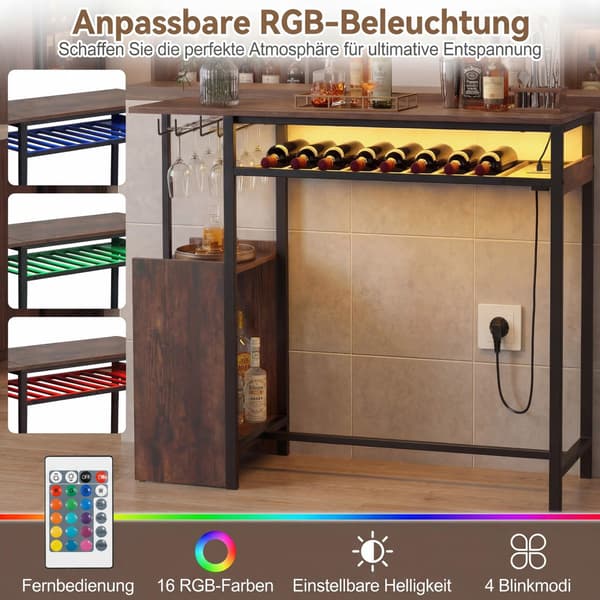 Baaripöytä RGB-valaistuksella, pullotelineellä, lasitelineellä, USB-C