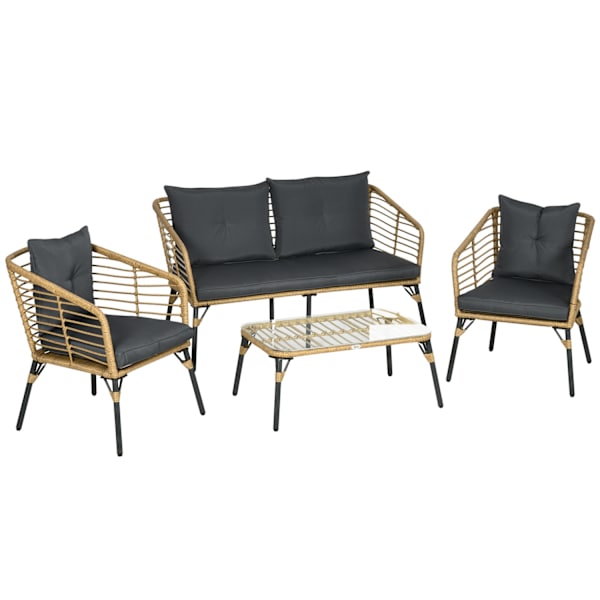 4-Delt Havemøbelsæt, Siddesæt I Rattan Med Hynder, Siddegruppe Med 3 Lænestole, 1 Sofabord, Altanmøbler I Boho-Stil Til 4 Personer, Sand + Mørkegrå