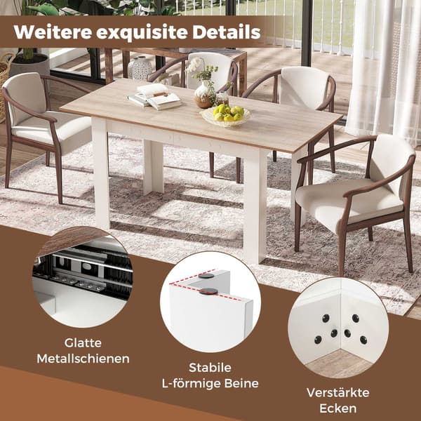 Utdragbart matbord, justerbar skiva, L-formade ben, vit