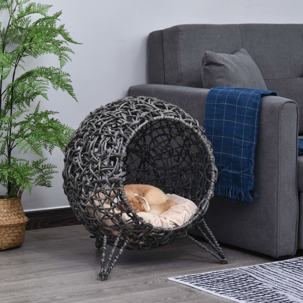 Rattan Cat House Elegant Kattehule Med Puder, Hævede Fødder, Søl