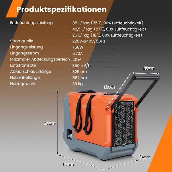 85 L/dag affugter byggetørrer med pumpe og afløbsslange industriel tørreanordning med 24H timer orange + grå