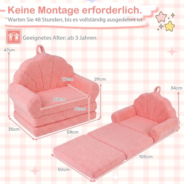 2-i-1 bäddsoffa för barn, rosa teddytyg, hopfällbar