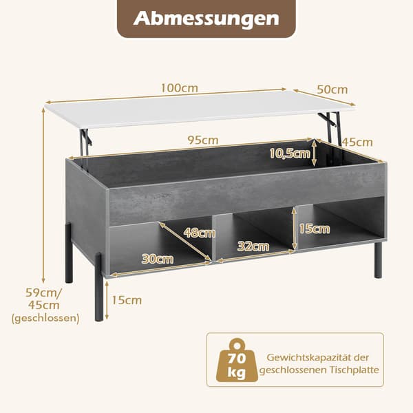 Justerbart soffbord med lyftbar topp, förvaring, grå