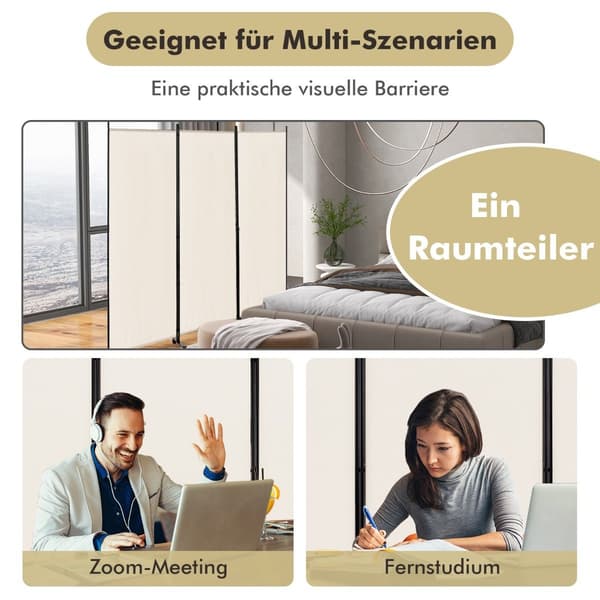 Rumdeler med hjul, 3 paneler, foldbar, beige, 180 cm