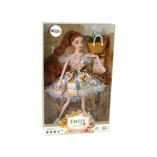 Autumn Emily Doll: Rødt hår, blomsterkjole, taske og blomster