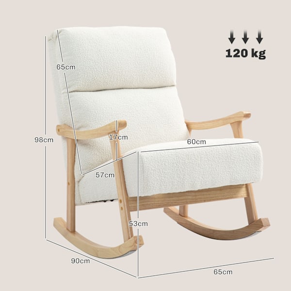 Gyngestol, ergonomisk gyngestol, lænestol, ammestol med fløjlslook, gyngestol kan holde op til 120 kg, til soveværelse, stue, cremehvid