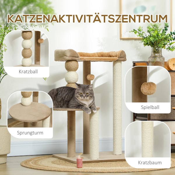 Klapstolpe 86 cm kattträd med hoppplattform, säng, lekboll, kattskrapstolpe med juteskrapstolpar, för katter upp till 7 kg, kaffe
