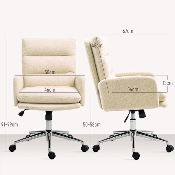 Kontorsstol Ergonomisk skrivbordsstol med armstöd, lammullslook, höjdjusterbar snurrstol med vippfunktion, vadderad hemmakontorsstol, krämvit |