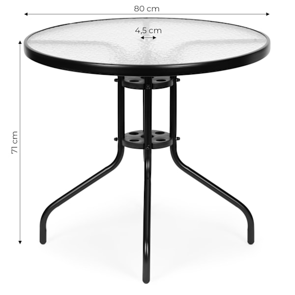 Rundt havebord 80 cm, til terrasse, have, balkon, hærdet glas, paraplyhul, MultiGarden