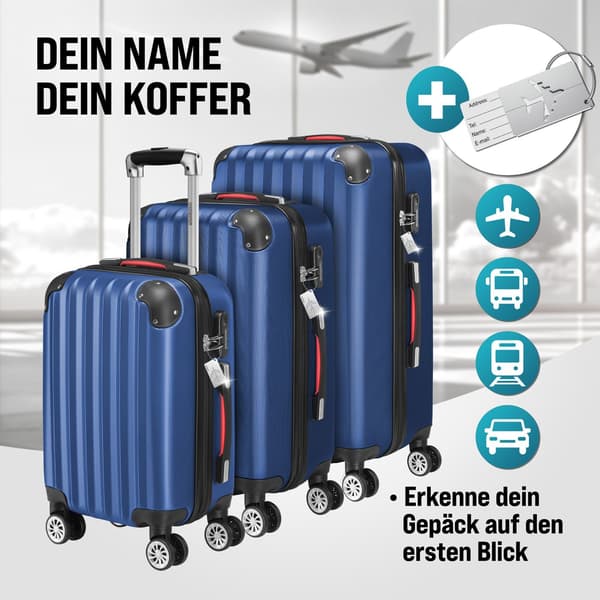 3-delt hård kuffertsæt, blå, ABS, let, holdbar