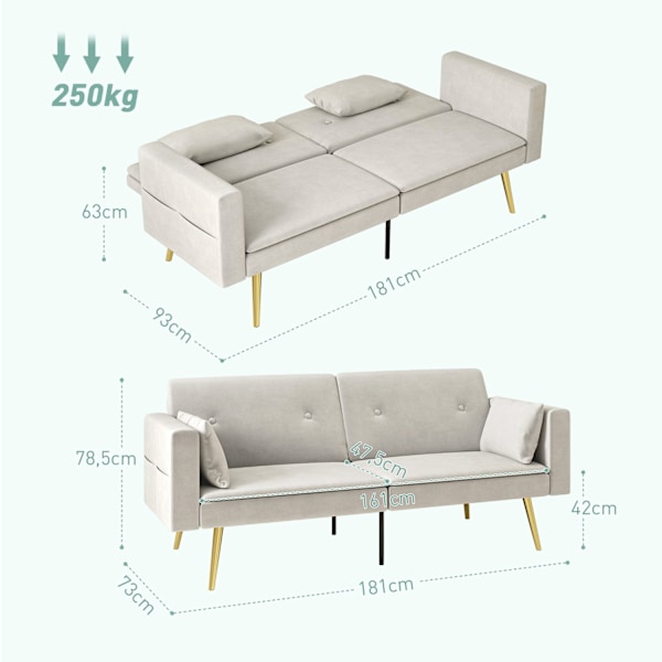 Bäddsoffa, bäddsoffa med justerbart ryggstöd, sidoficka, vadderad 2-sits soffa med sovfunktion, kuddar, för vardagsrum, sovrum, beige