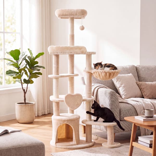 Suuri beige kissapuu torni raapimispuulla, 149 cm