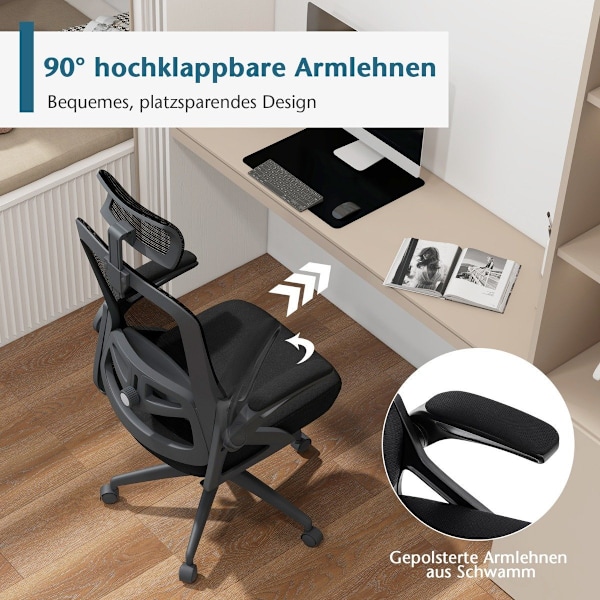 Ergonomisk kontorstol med justerbar lændestøtte &amp; Nakkestøtte computerstol sort
