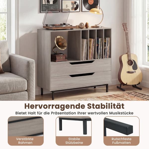 Levysoittimen teline, jossa 4 vinyylipaikkaa ja 2 laatikkoa, harmaa
