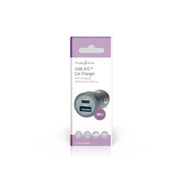 Dubbel USB-A/USB-C billaddare, 38W, automatisk spänning