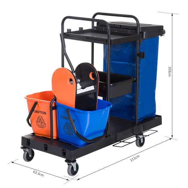 Rengøringsvogn rensevogn med 4 hjul, systemvogn til professionel rengøring, sort/blå/orange, 111x63,3x103cm