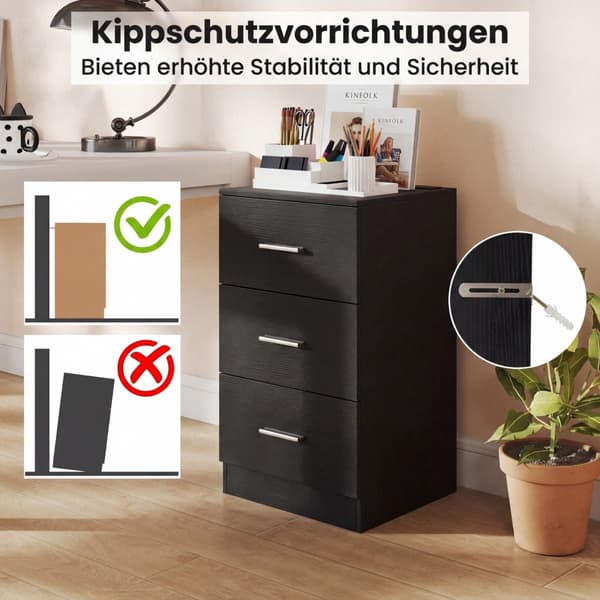 Natbord med ladestation, 3 skuffer, sort