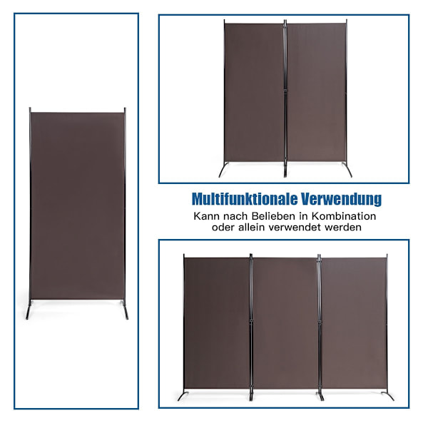 3 panel rumdeler med robuste hængsler og stålbund fritstående privatskærm 260x 183 cm kaffe