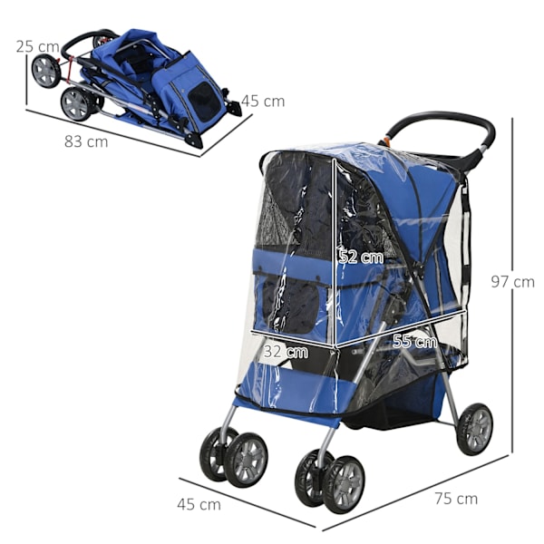 Hundevogn, Hundevogn Med Regnslag, Foldbar Hundevogn Op Til 20 Kg, Med Kopholder, Netvindue, Kattevogn, Blå, 75 X 45 X 97 Cm