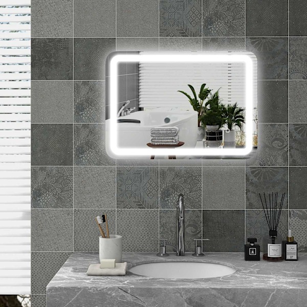 Badrumsspegel LED, 50 x 70 cm, IP44, med 3 ljusfärger, touch-omkopplare, automatisk anti-dim, minnesfunktion, härdat glas, silver
