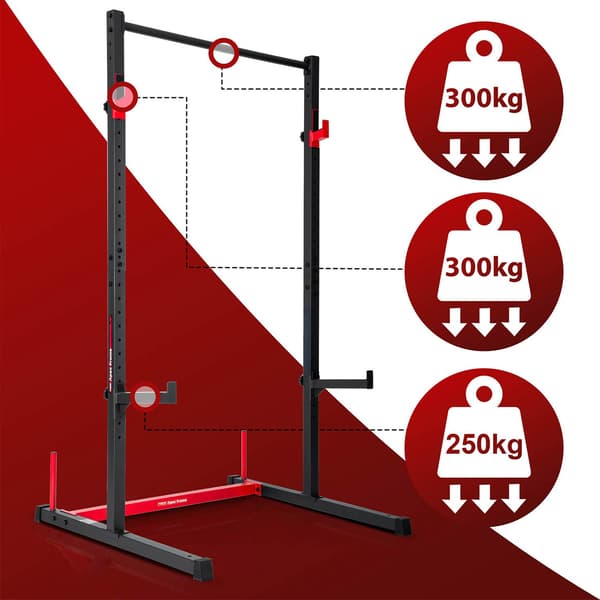 Halvvægtstang med pull-up stang og sikkerhedsstænger, maks. 300 kg, sort-rød