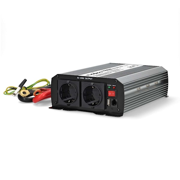 Växelriktare med modifierad sinusvåg | Inspänning: 12 V DC | Enhetens utgångsanslutning: Type F (CEE 7/3) / USB-A | 230 V AC 50 Hz | 1000 W | Toppeffe