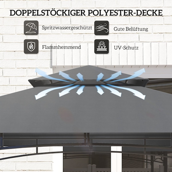 Grillpaviljong med LED 243 x 148 x 248 cm vattentät flamskyddad trädgårdspaviljong med dubbeltak, sidohyllor, lusthus med UV-skydd, BBQ-paviljong av m