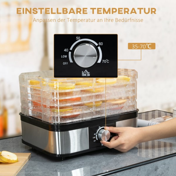 Kuivaaja Lämpötilansäätimellä (35-70°C) 5 Tasoa 12 Tunnin Ajastin Lihahedelmille Ruostumaton Teräs Hopea + Läpinäkyvä 32 X 25 X 29Cm