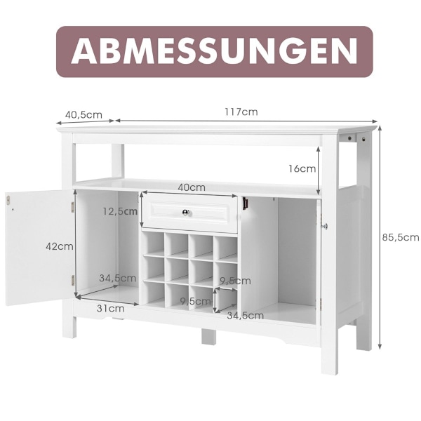 Moderne spisestuebuffet med krydsformet vinreol åben hylde 2 skabe & skuffe hvid