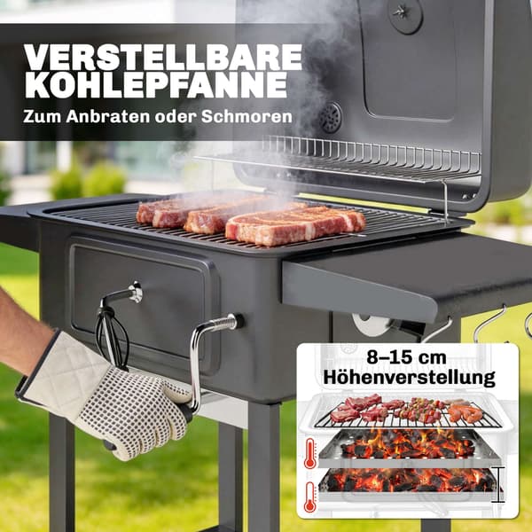 Trækulsgrillryger med justerbar kulpande og termometer