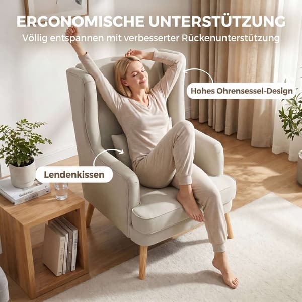 Wingback-tuoli, pellavajäljitelmä beige, ristiselän tyyny