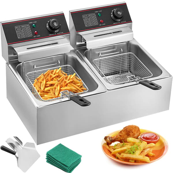 Kommersiell dubbelfritös 5000W, dubbel korg, rostfritt stål