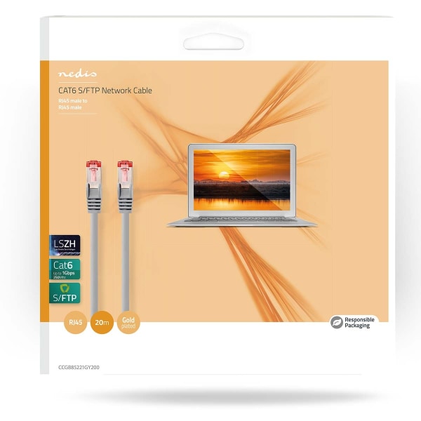 CAT6 Verkkokaapeli | RJ45 uros | RJ45 uros | S/FTP | 20.0 m | Pyöreä | LSZH | Harmaa | Laatikko