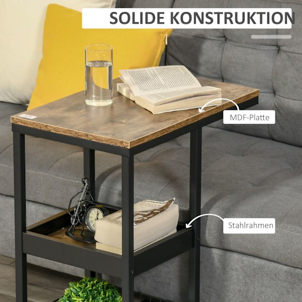 Sidebord Sofabord med Hjul Hylde Industriel stil Sofabord til Stue Soveværelse Mørkebrun 51 x 33 x 66 cm