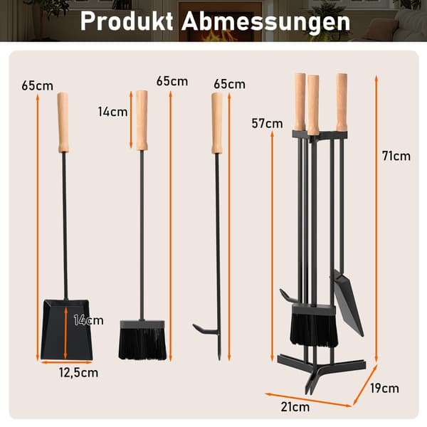 Verktygssats för eldstad, 4-delat metallkit med stativ
