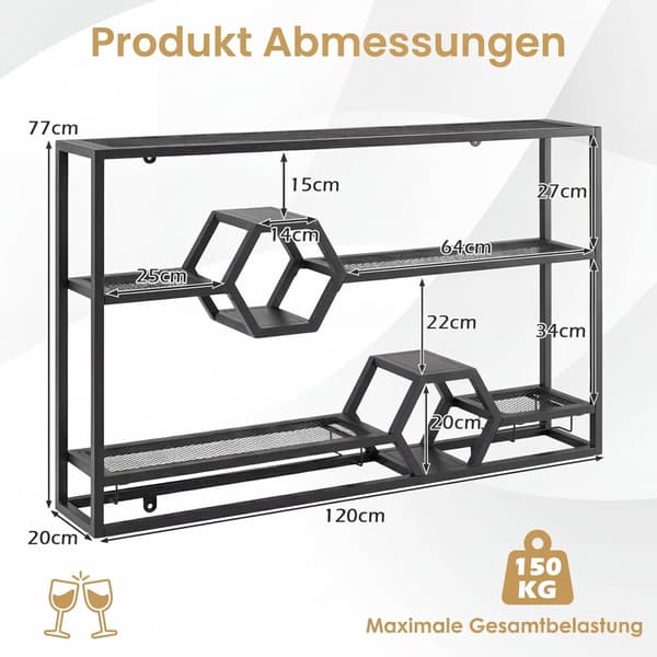 3-lags sort metal vægvinreol med glasholder