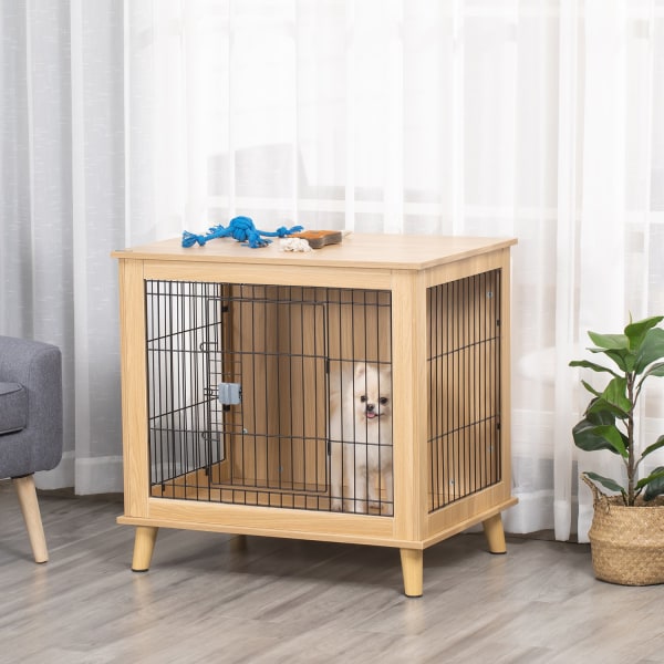 Hundebur Transportkasse I Træ Med Bordplade, Hævet Design, Naturlig, 81X58,5X76 Cm