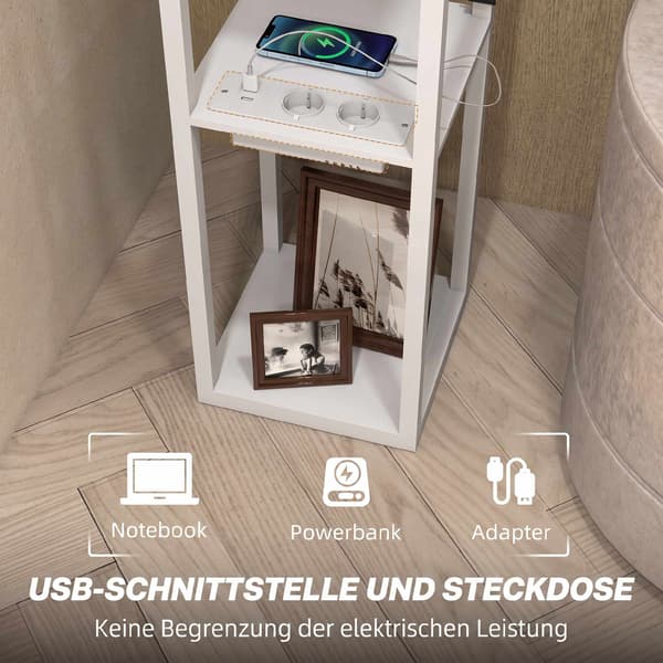 Gulvlampe med 3-lags hylde, USB-porte, hvid MDF