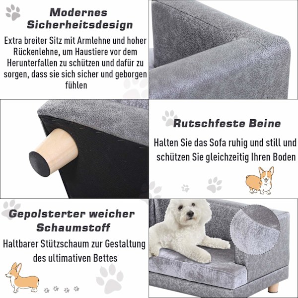 Hundesofa Komfortabel Kæledyrssofa Lavet Af Kunstlæder Og Kort Plys, Grå, 68X41X32Cm