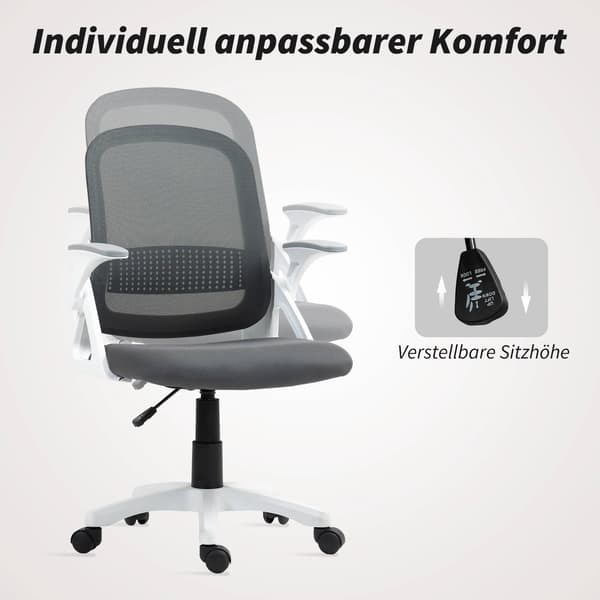 Ergonomisk kontorstol i net med foldbare armlæn, grå